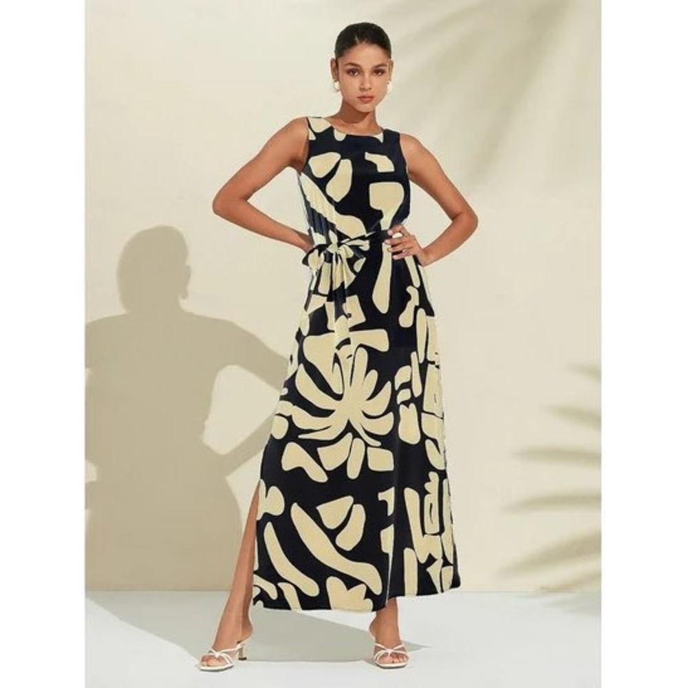 Ador Matte Satin Sleeveless Floral Print Vacation Maxi Dress Black Cream 2XL NWT